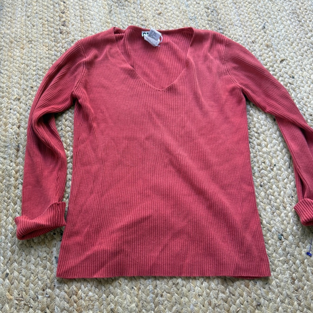 Clio Silk Cotton Blend Ribbed V-Neck Long Sleeve Sweater Terracotta Red Medium